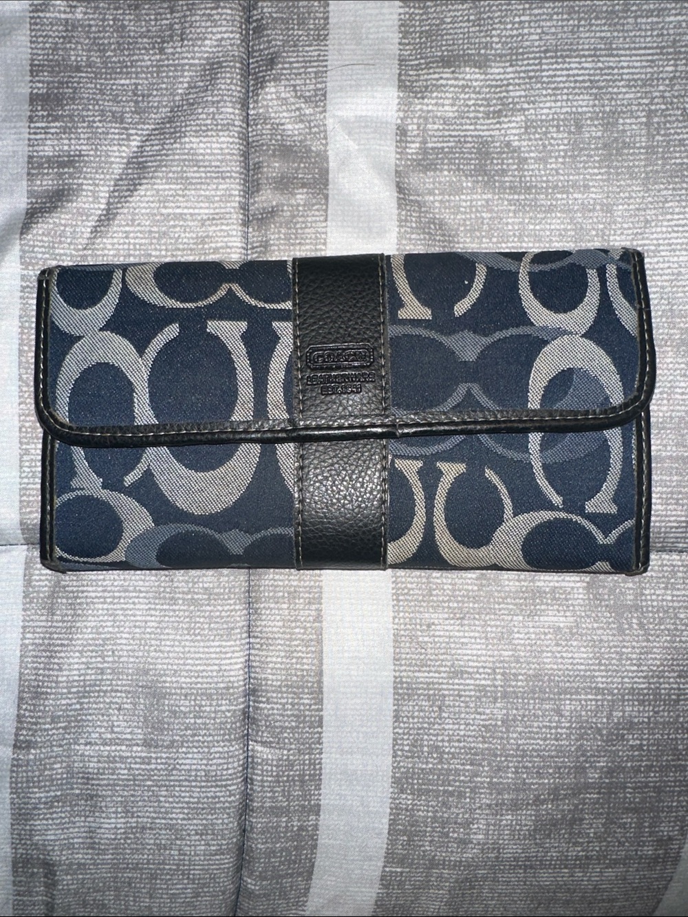 Coach Navy and Tan Signature Continental Wallet